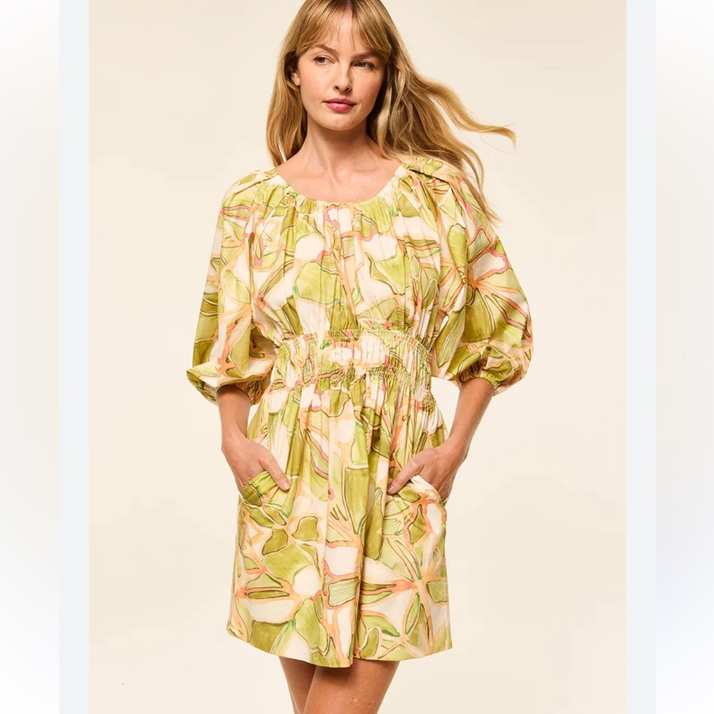 MISA Senia Dress in Chartreuse Abstract Print Mini Puff Sleeves Off Shoulder